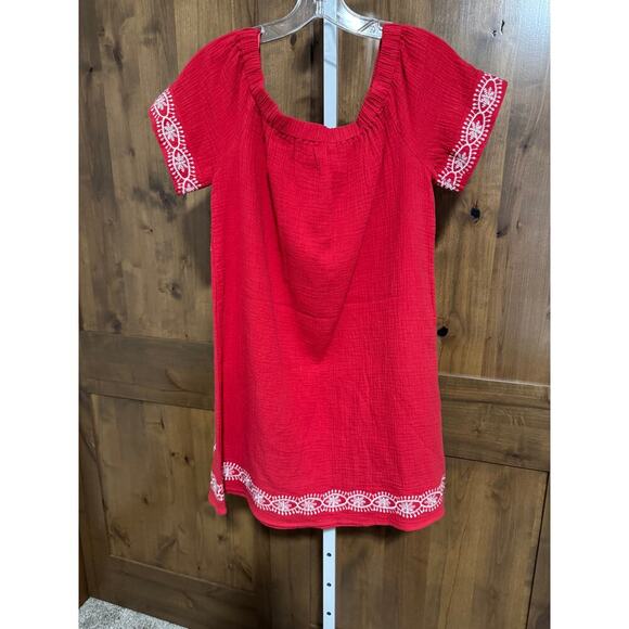 Skies are Blue Cotton Embroidered On or Off Shoulder Mini Dress Red Small - Picture 2 of 4